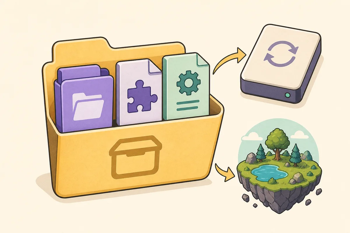 Illustrated workflow showing a Palworld mod pack, a backup drive and a test world