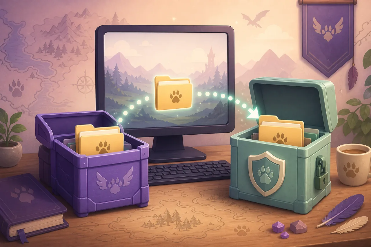 Editorial illustration of copying a Palworld save folder into a protected backup before editing