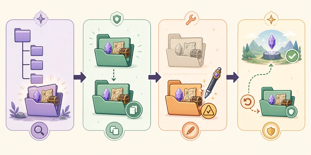 Four-stage editorial diagram for locating, backing up, editing and testing a Palworld save