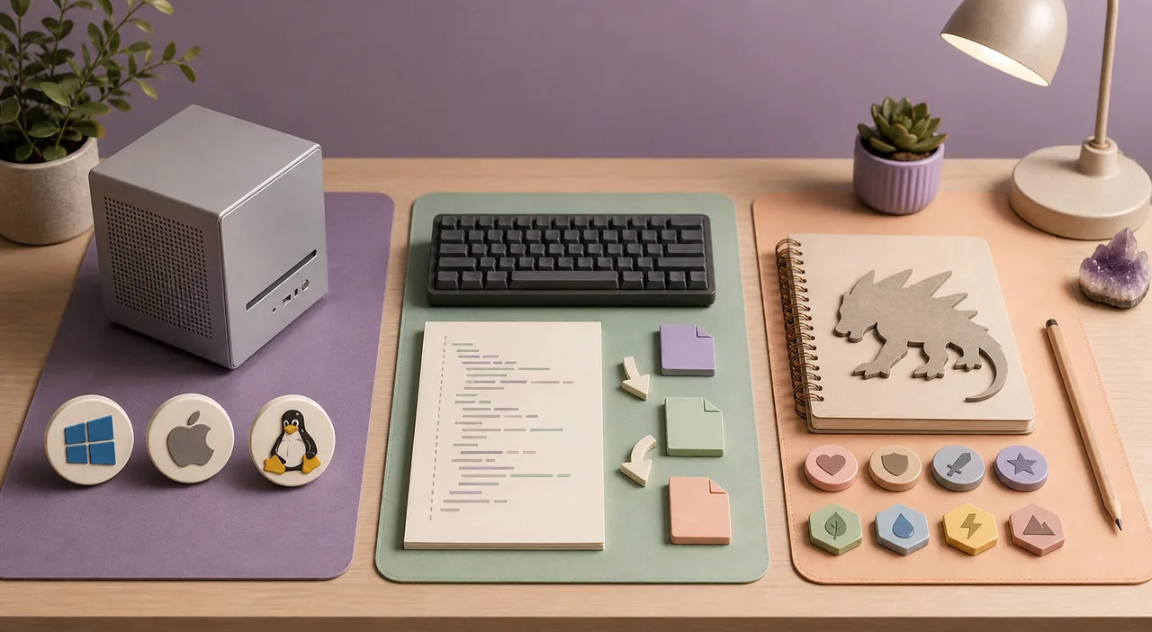 Editorial still life comparing graphical, command-line and Pal-focused save editor workflows